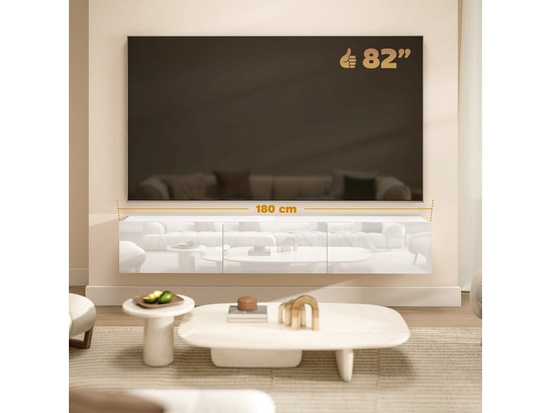  Meuble tv suspendu 180 cm, blanc, meuble télé pour téléviseur jusqu'à 82 pouces 3 portes rabattables à fermeture douce  - Conforama R