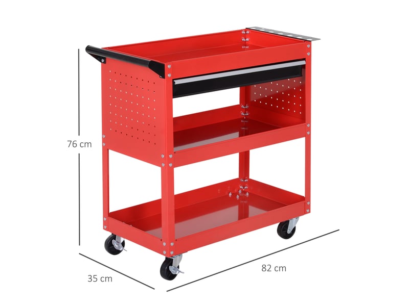  Chariot à outils en acier rouge à 3 niveaux avec tiroir, 4 roulettes et frein, charge 60 kg, pour atelier  - Conforama C