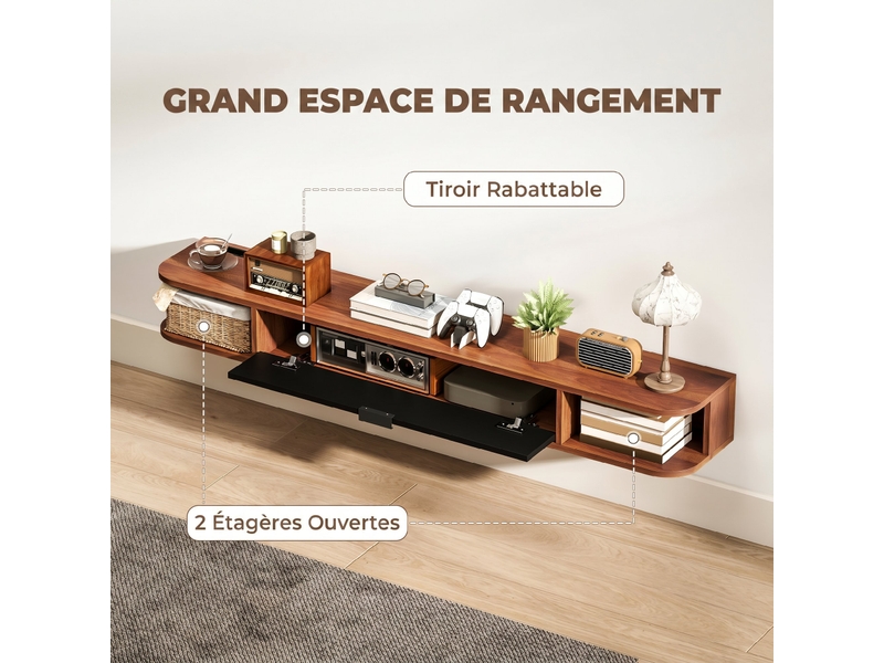  Meuble tv suspendu, meuble télé pour téléviseur jusqu'à 60 pouces, tiroir rabattable, 2 étagères, 140x24x16cm, noyer  - Conforama E