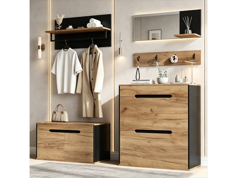 Ensemble meuble d’entrée modulable avec miroir, banc et rangement à chaussures rabattable, 4 patères, noir et bois, 156 x 36 x 176 cm - Conforama D