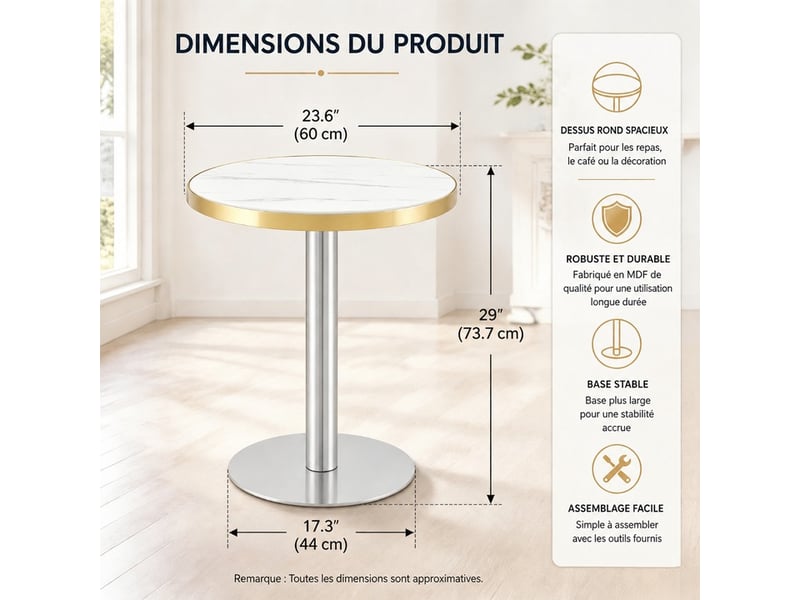 Table d’appoint ronde 60 × 73,7 cm à plateau effet marbre - lpospi - pied central métallique, mdf blanc - Conforama E