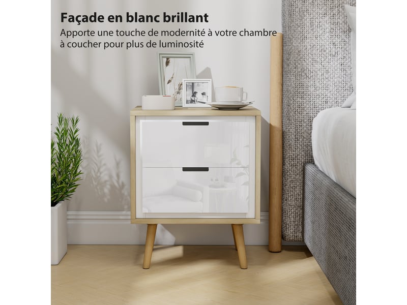  Table de chevet étroite, table d'appoint 2 tiroirs silencieux et pieds en bois massif, blanc brillant, 40 x 35 x 50 cm  - Conforama E