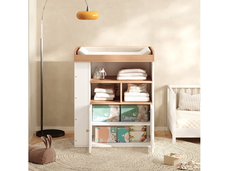 Commode à langer 2 en 1 avec barrière amovible et rangements pour chambre, blanc et bois naturel, 82 × 50 × 100 cm  - Conforama C