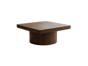 Table basse carrée 78 cm en bois et mdf avec plateau plaqué bois et base cylindrique pour salon coloris noyer