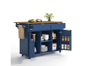 Desserte de cuisine 143x45x89,5 cm bleu et marron avec plateau rabattable