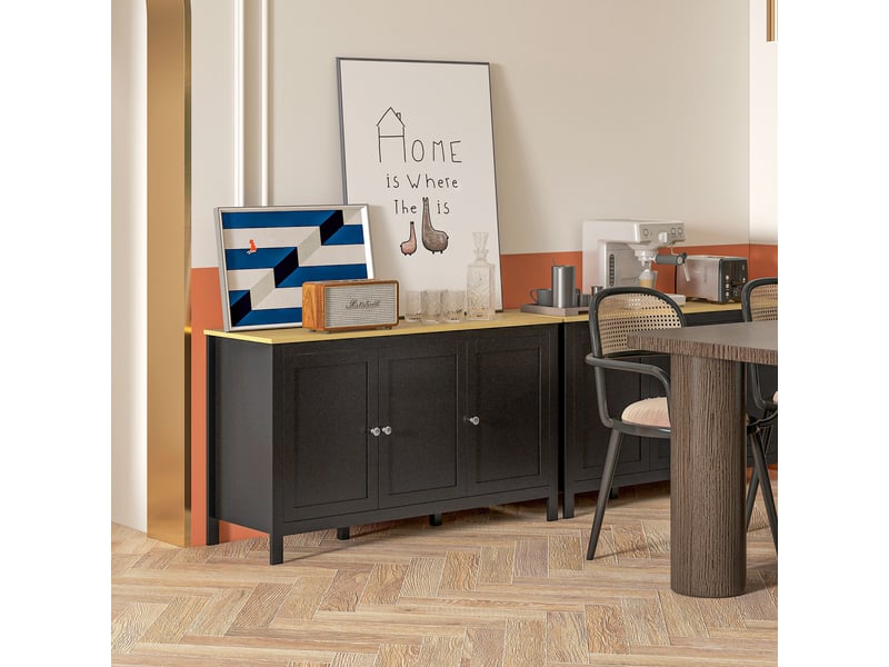  Buffet de rangement, 3 portes, 2 étagères réglables, plateau aspect bois clair, 120x40x70 cm, noir  - Conforama C