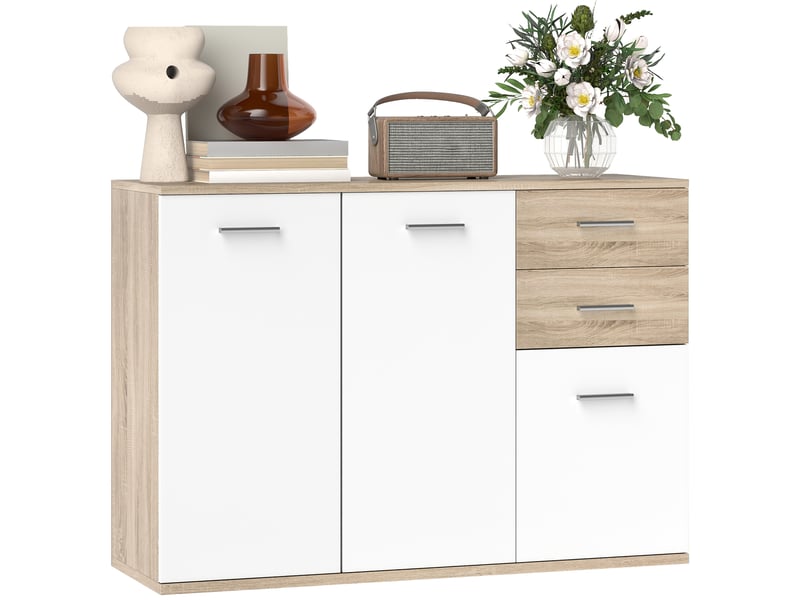  Buffet de salon, meuble de rangement avec 2 tiroirs, 3 portes et une étagère réglable, 106 x 35 x 76 cm, bois blanc et naturel  - Conforama A
