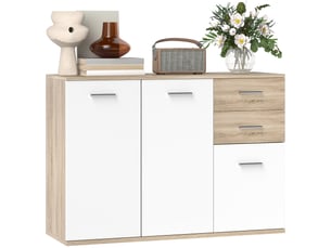 Buffet de salon, meuble de rangement avec 2 tiroirs, 3 portes et une étagère réglable, 106 x 35 x 76 cm, bois blanc et naturel