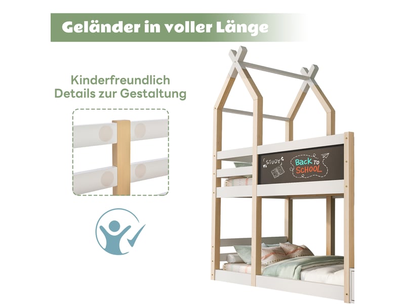  Lit superposé enfant 90x200, lit cabane avec tableau noir et barrière de sécurité, naturel et blanc  - Conforama D