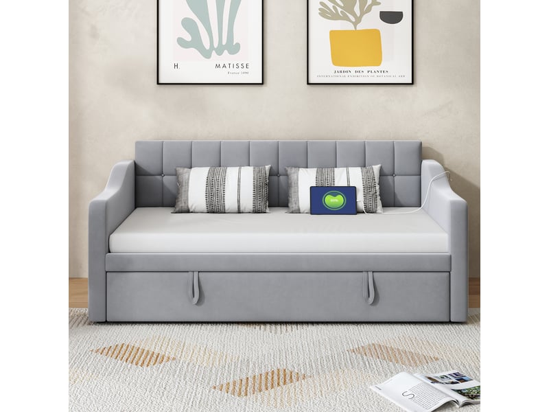 Canapé-lit convertible 90/180x190 cm, velours gris clair, ports usb, sans matelas - Conforama W