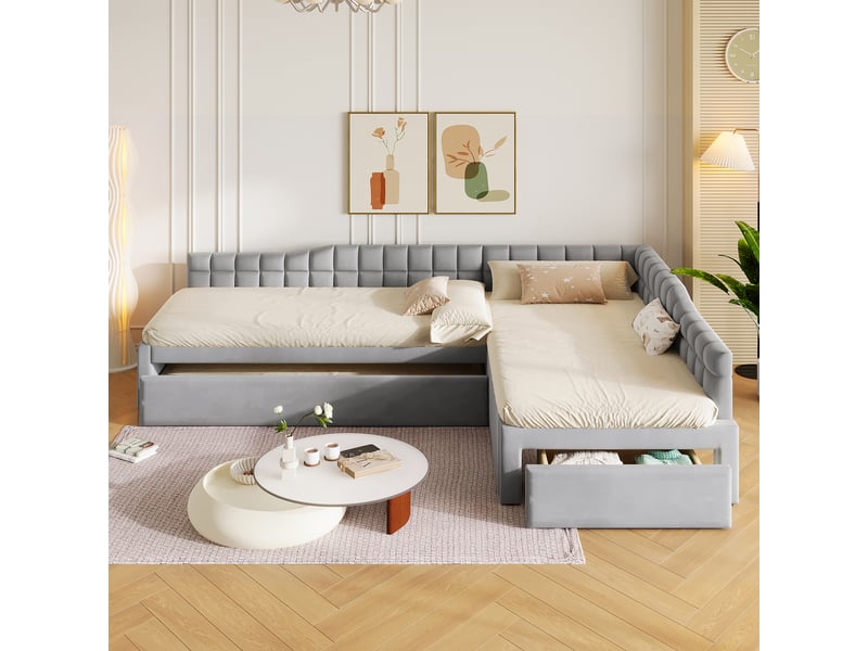 Lit superposé en l 90x200 cm avec lit gigogne, tiroirs et velours gris, sans matelas - Conforama E
