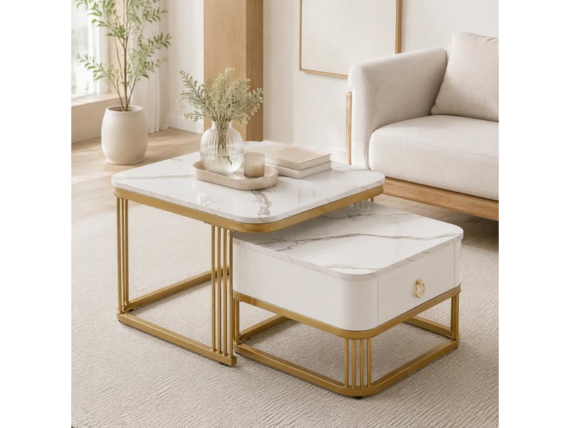  Tables basses gigognes avec tiroir, effet marbre brillant blanc et structure en métal doré, lot de 2  - Conforama B