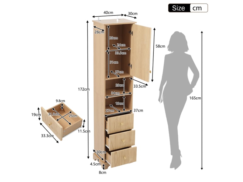  Meuble de salle de bain 40x30x172 cm, armoire de rangement, 3 tiroirs, design moderne et simple, mdf, couleur naturel  - Conforama C