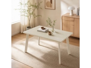 Table de salle à manger - plateau monobloc et pieds inclinés en métal avec patins réglables - travertin