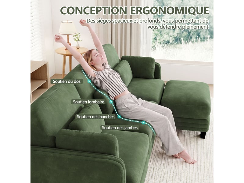  Canapé panoramique modulable 330 cm 4 places avec 2 poufs, coussins d’accoudoir amovibles, coussins lombaires épais, chenille, vert  - Conforama E