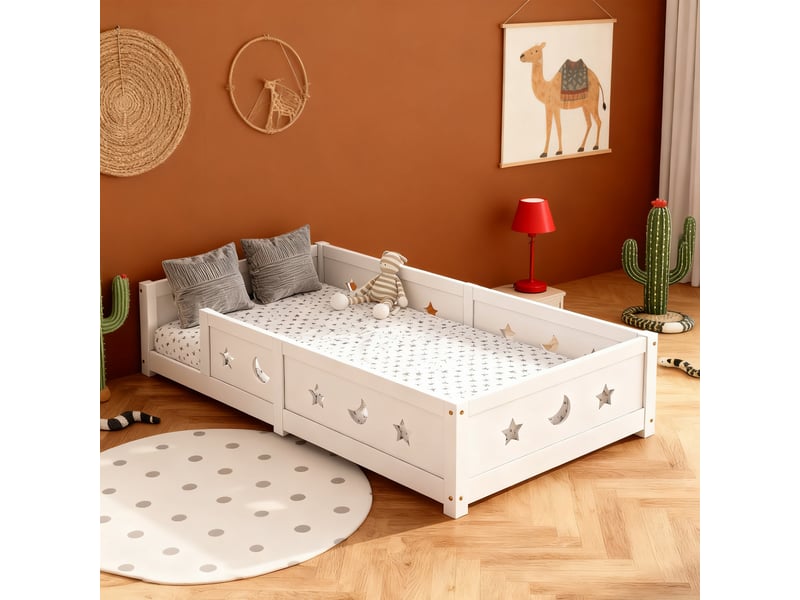  Lit enfant lit au sol 90x200cm - lit montessori avec sommier en bois massif - barrières de sécurité en motif étoiles et lune - lit cabane montessori en bois de pin, barrières contre les chutes, cadre de lit au sol, 1 personne – …  - Conforama B