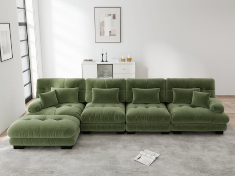  Canapé modulable d’angle en l 4 places avec pouf mobile, chenille vert, assise profonde  - Conforama B