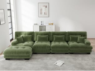 Canapé modulable d’angle en l 4 places avec pouf mobile, chenille vert, assise profonde