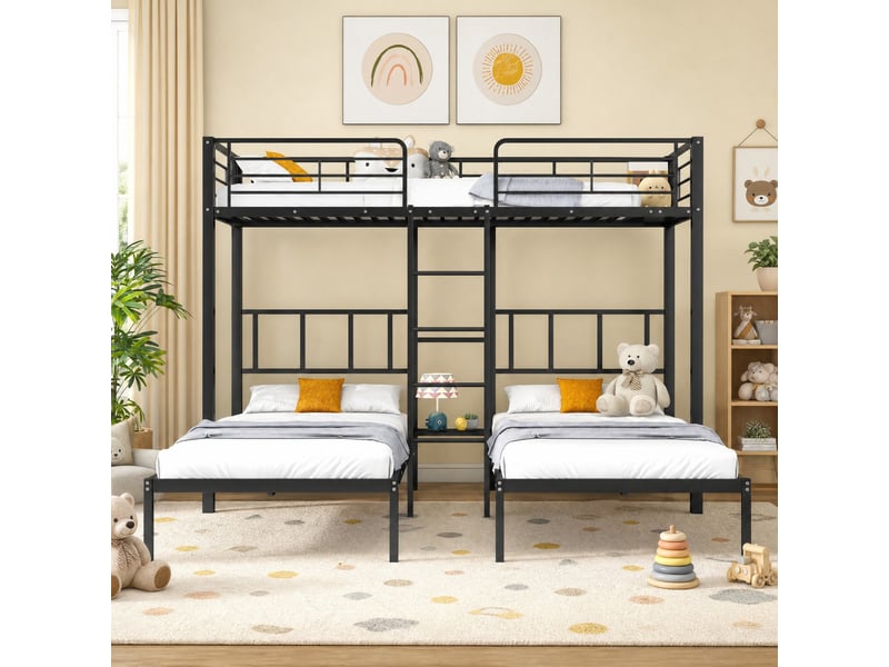  Lit superposé triple 90x200 cm, 3 couchages, échelle, barrières de sécurité, design minimaliste, métal noir  - Conforama B