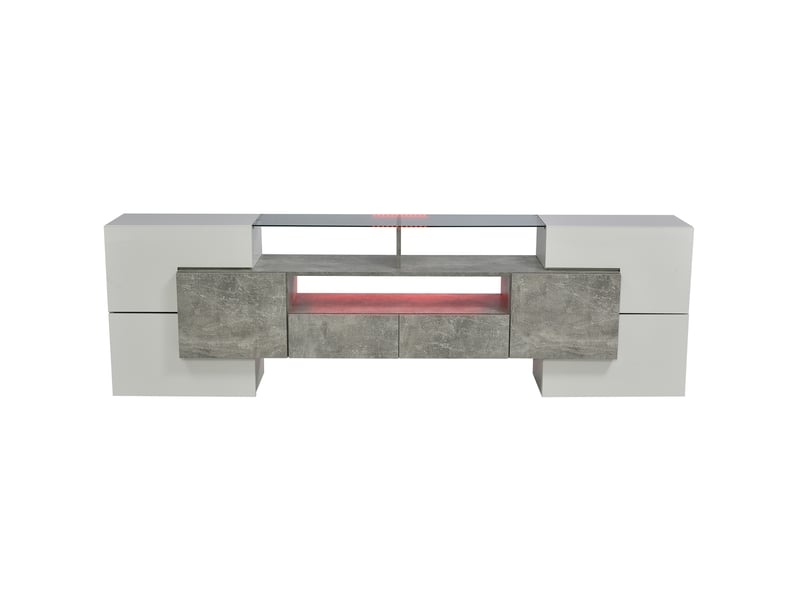  Meuble tv avec 6 portes, 2 tiroirs, 3 niches et led pour salon en mdf 200×35×60 cm blanc brillant et gris  - Conforama A