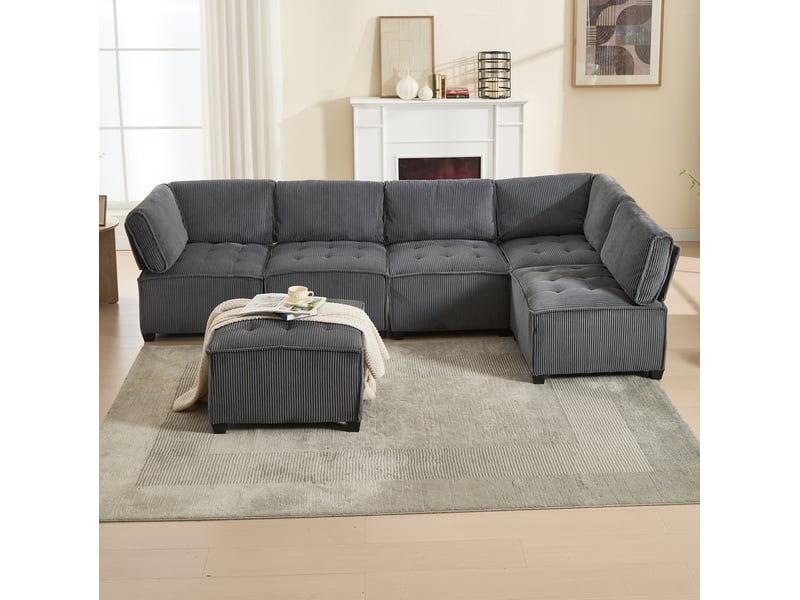  Canapé modulable 6 places en velours côtelé gris - 308 x 154 x 81,99 cm  - Conforama D