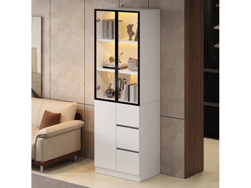 Buffet 60x40x180 cm avec portes, structure en aluminium, éclairage led contrôlable, en panneau de particules, blanc - Conforama D