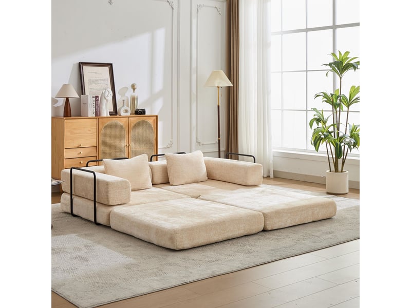  Canapé convertible 2 places - 200x100x63cm - canapé lit modulaire tissu chenille matelas ressorts ensachés - beige  - Conforama C