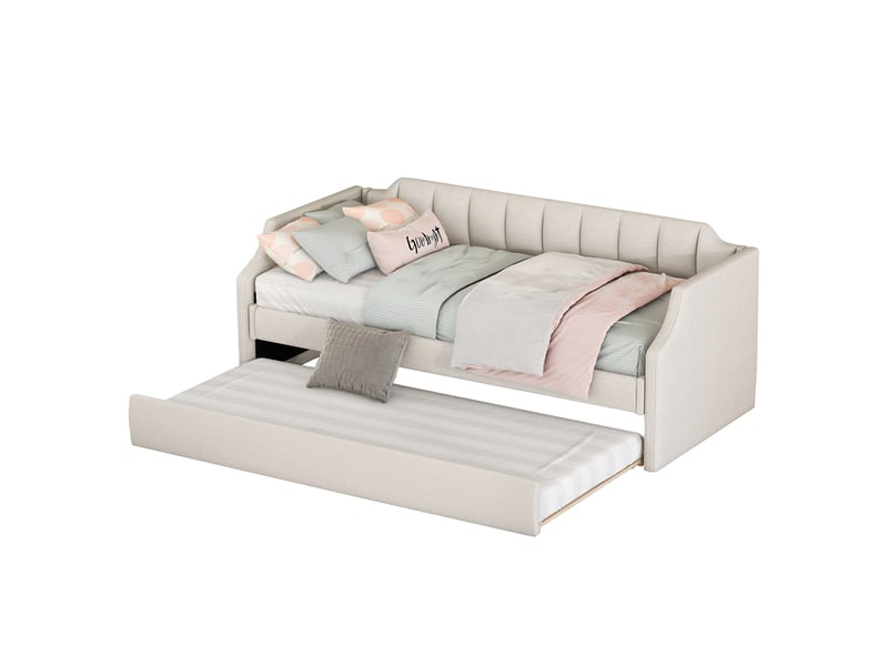  Lit de jour capitonné 90x200 cm avec lit gigogne - banquette lit beige en lin  - Conforama A