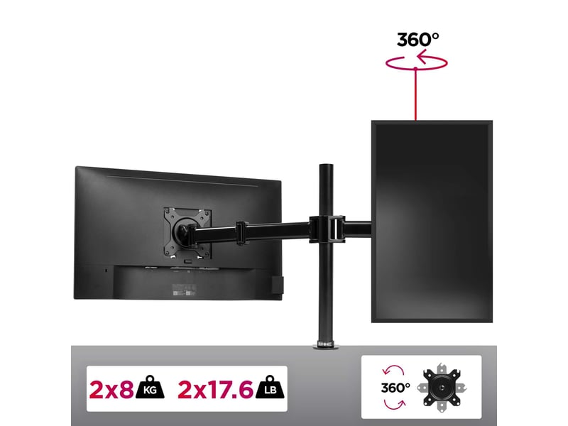 Duronic dm252 bk support de 2 moniteurs à pince pour bureau - hauteur ajustable -rotatif/pivotable/inclinable-compatible avec moniteur dordinateur lcd/led vesa 75/100-potence et bras en acier  - Conforama D