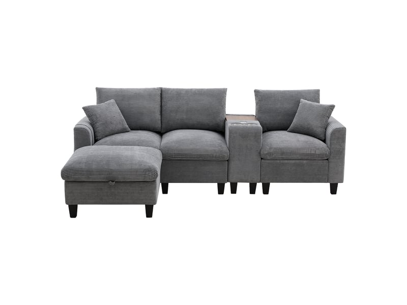  Canapé d'angle l convertible, console, porte-gobelets, usb, poches accoudoirs, coussins, velours côtelé, gris evarich - Conforama A