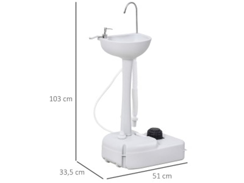  Lavabo mobile avec pompe à pied, réservoir 17 l, porte-serviettes et roulettes pour camping, blanc, 34 × 26 × 67 cm  - Conforama D