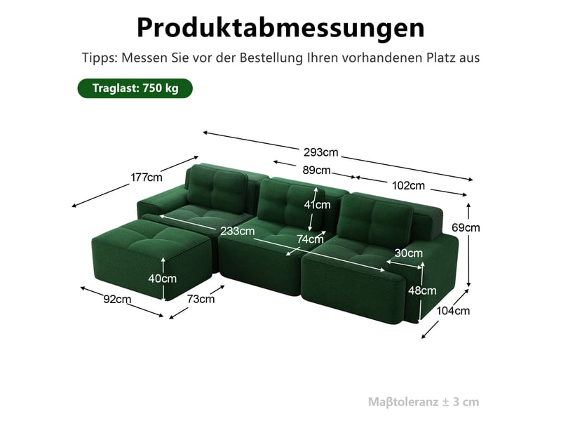 Canapé modulable d'angle en l,293x177x69cm,canapé 3 places sans structure avec 1 pouf,en velours côtel,rembourrage haute densité 32d - vert - Conforama C