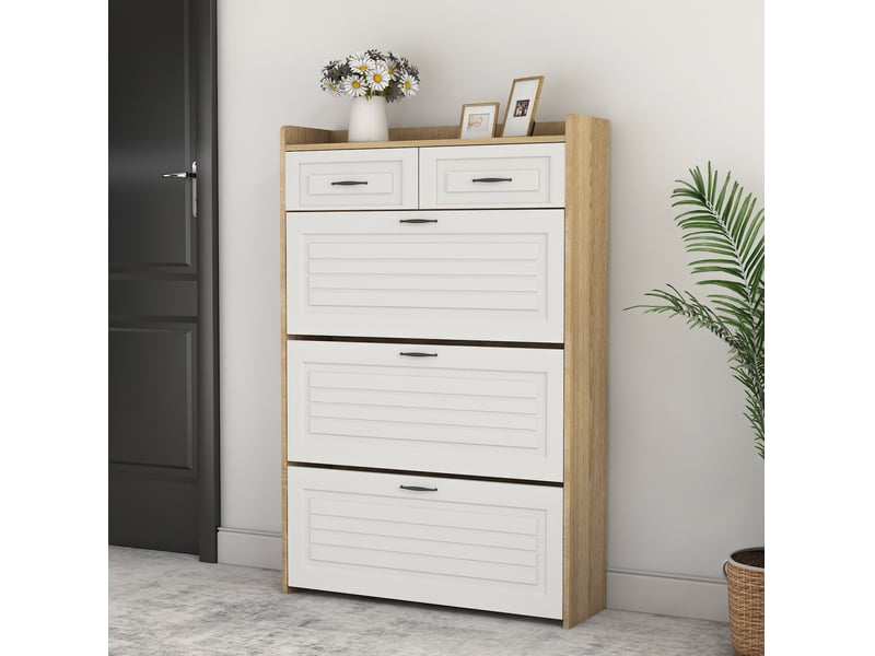  Meuble à chaussures 80x23,5x131 cm, portes et tiroirs, meuble bureau et salon, panneau de particules, blanc et naturel  - Conforama B