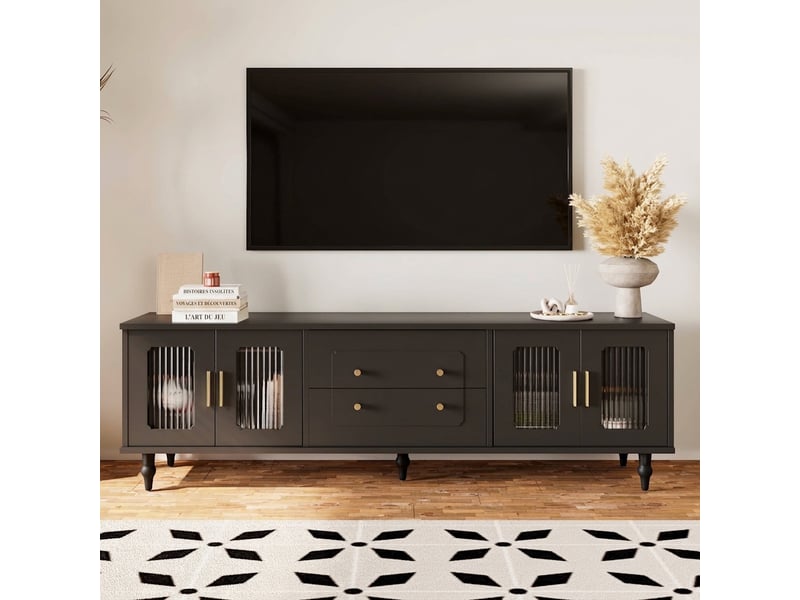  Meuble tv noir 175 cm style rétro avec portes en verre trempé et pieds en métal  - Conforama B