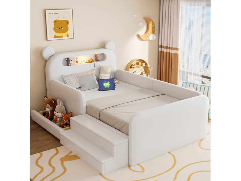  Lit enfant simple 90 × 200 cm avec veilleuse, usb, rangement et assise à marches, sans matelas, blanc  - Conforama C