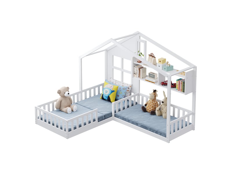  Lit enfant au sol 90 x 200 cm et 70 x 140 cm blanc avec étagères, éclairage led et barrières de sécurité  - Conforama A