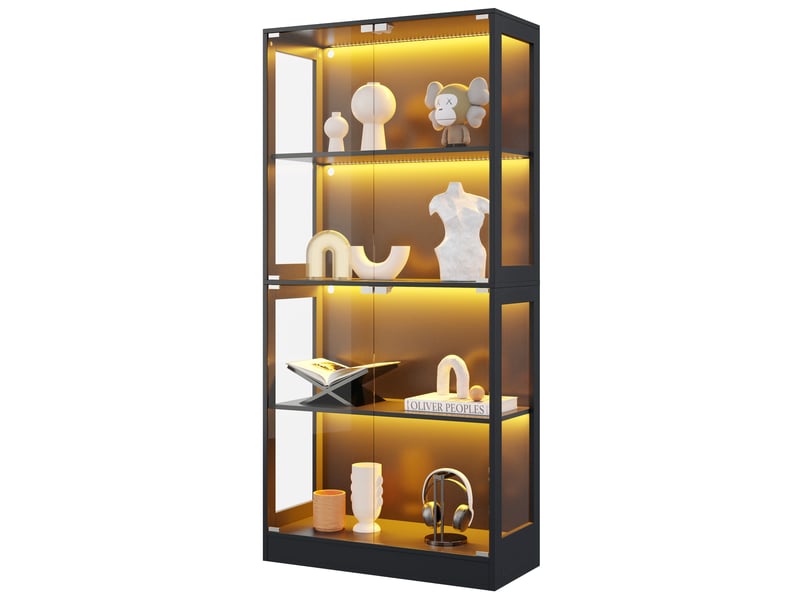  Vitrine led pour figurines, 4 niveaux, 80 x 35 x 170 cm, mdf et verre trempé noir  - Conforama A