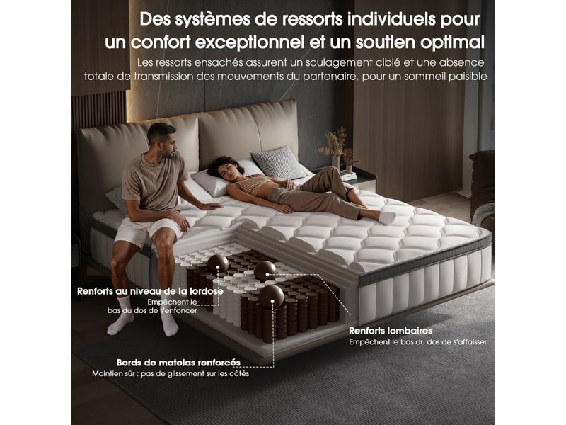  Matelas 90x200 matelas à ressorts ensachés indépendant en mousse à mémoire de forme 25cm d'épaisseur pour adultes et enfants, matelas 1 personne fermeté moyenne, respirant tissu doux  - Conforama D