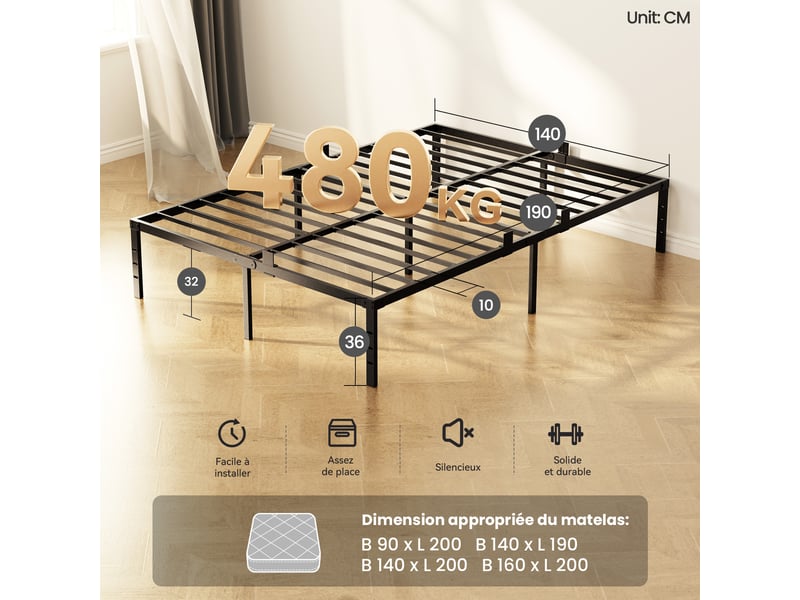  Cadre de lit 140 x 190 métallique, lit double minimaliste, structure robuste et durable, silencieuse et antidérapante, résistante à la rouille, charge maximale 500 kg, noir  - Conforama E