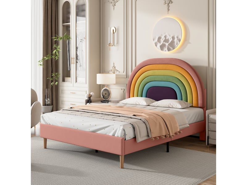  Lit enfant 140x200 cm velours rose avec sommier à lattes tête de lit réglable double adulte ado  - Conforama B