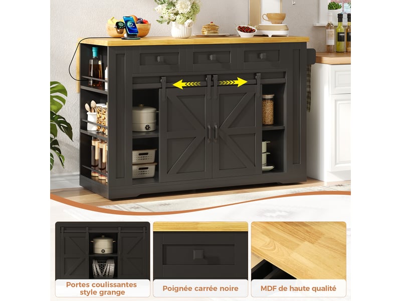 Îlot de cuisine 130x5080x87cm avec 3 tiroirs, porte coulissantes et prises usb, rangement, mdf, noir et bois - Conforama B