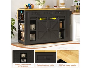 Îlot de cuisine 130x5080x87cm avec 3 tiroirs, porte coulissantes et prises usb, rangement, mdf, noir et bois