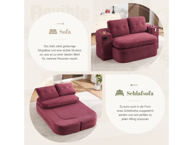  Canapé convertible 2 en 1 165 x 97 x 61 cm, canapé-lit au sol avec accoudoirs réglables, 2 porte-gobelets, velours côtelé, rouge bordeaux BUYDEEMEUS - Conforama E