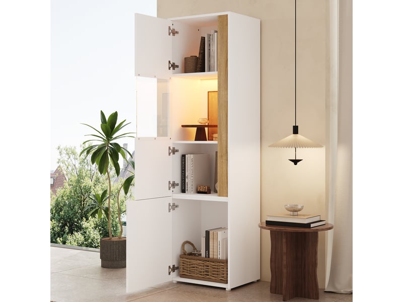  Vitrine de rangement, avec 2 portes, avec éclairage led, coloris blanc et naturel, pour salon, solution de rangement fonctionnelle  - Conforama W