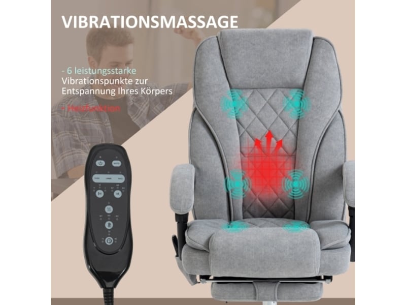  Chaise de bureau massante avec chaleur, inclinable, repose-pieds, télécommande, gris  - Conforama D