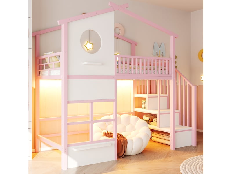  Lit mezzanine maison 90x200 cm avec éclairage led et escalier avec rangement, en métal, rose et blanc, sans matelas  - Conforama D