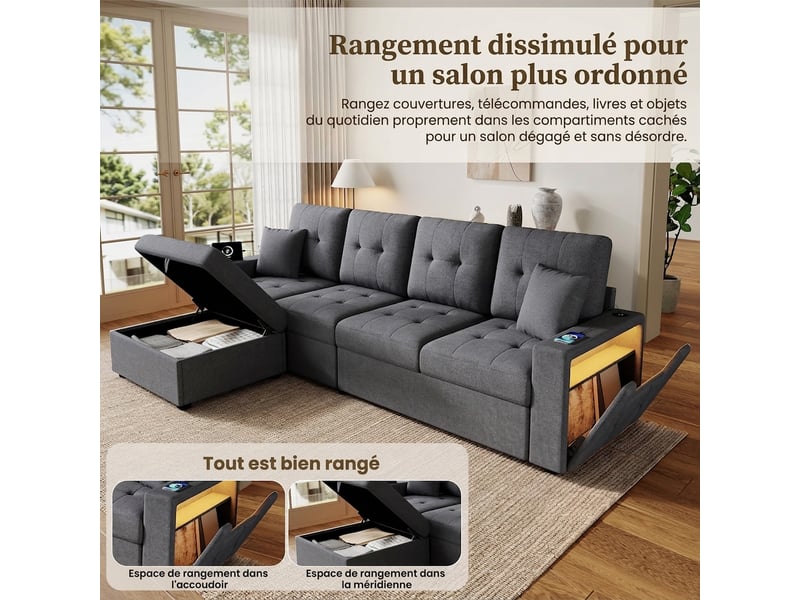  Canapé d'angle modulable 4 places avec ports usb et usb-c sur les deux accoudoirs - coffre led  - Conforama W