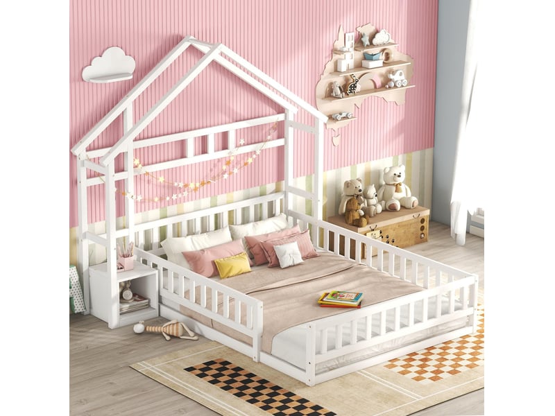 Lit enfant 140 x 200 cm maison avec barrière, meuble de rangement et 7 lattes blanc - Conforama B