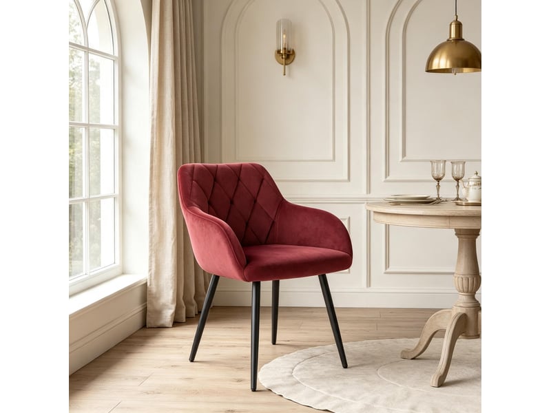  Chaise de salle à manger rouge en velours avec accoudoirs et pieds en métal  - Conforama D