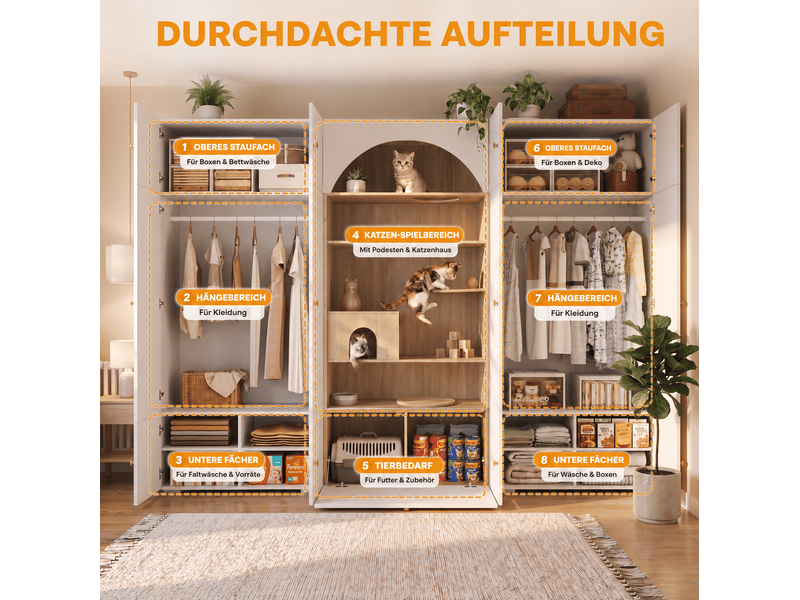  Armoire 3 en 1 avec penderie, 12 niches et espace chat, pour chambre et entrée, blanc bois, 270 × 50 × 200 cm  - Conforama E